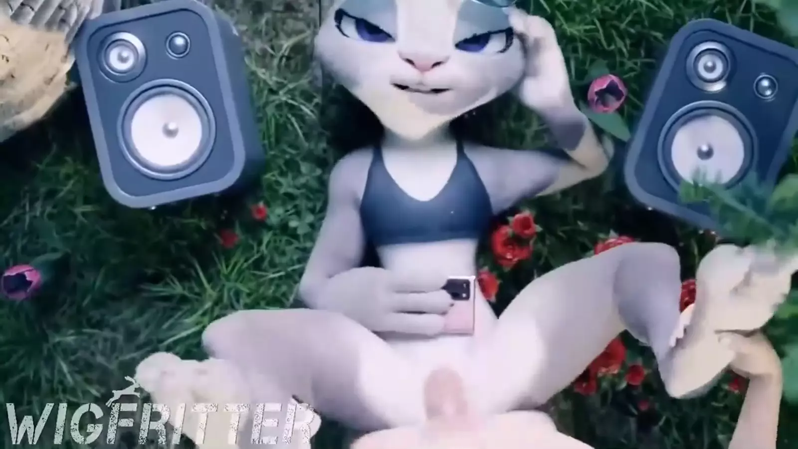 Anthro catgirl fingering herself outdoors